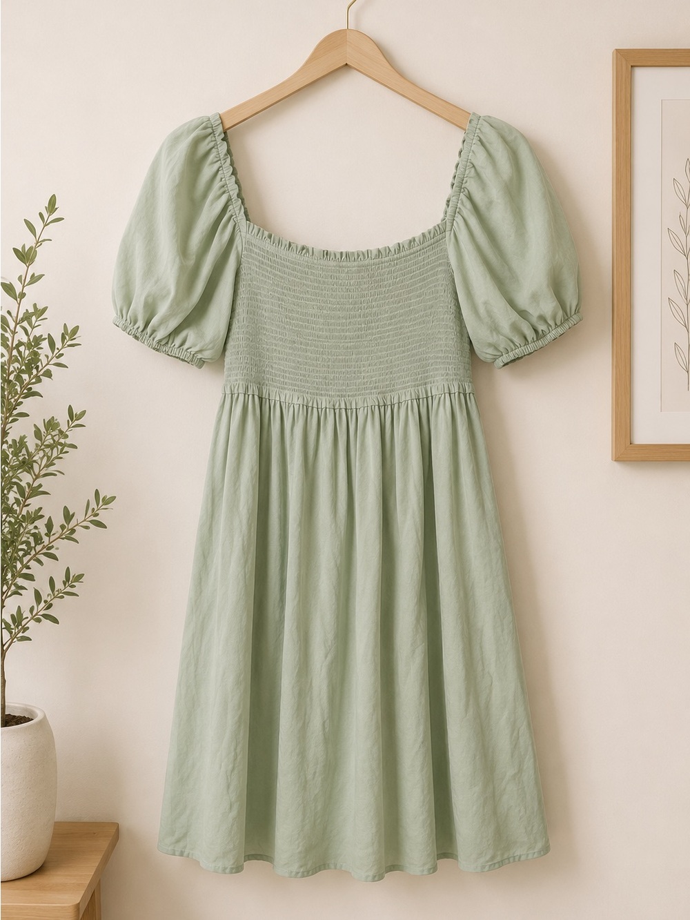 Sun-deh Sage Green Smocked Puff Sleeve Mini Dress Size Medium Cottagecore